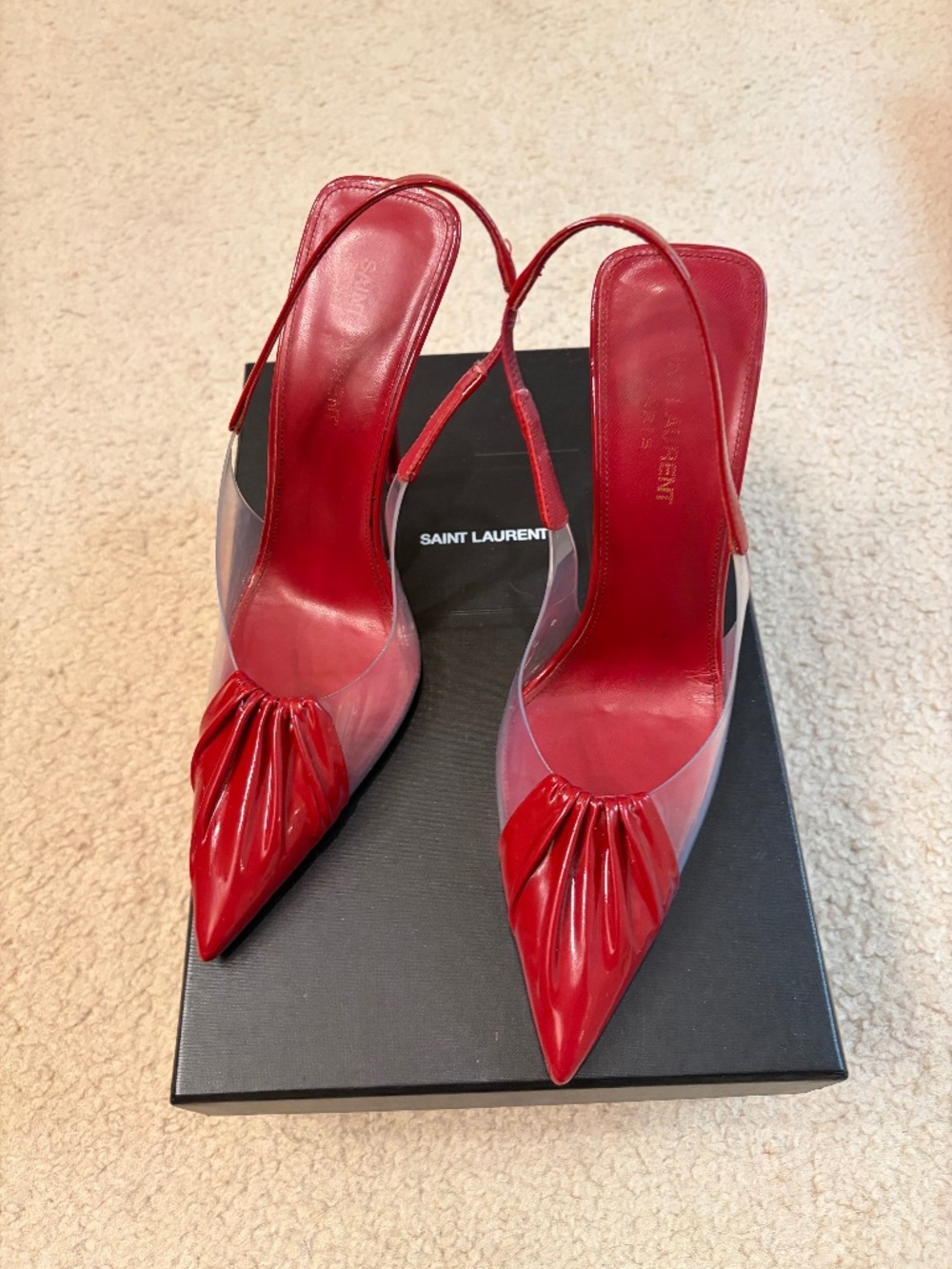 $1,095 SAINT LAURENT Frida Leather And Pvc Slingback Pumps In Cherry